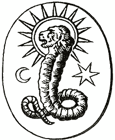 Сила света с львиным лицом. Эта гностическая гемма изображает змеиное тело проходящего по небу Солнца. Львиная голова есть возвышение солнечного шара в созвездии Льва